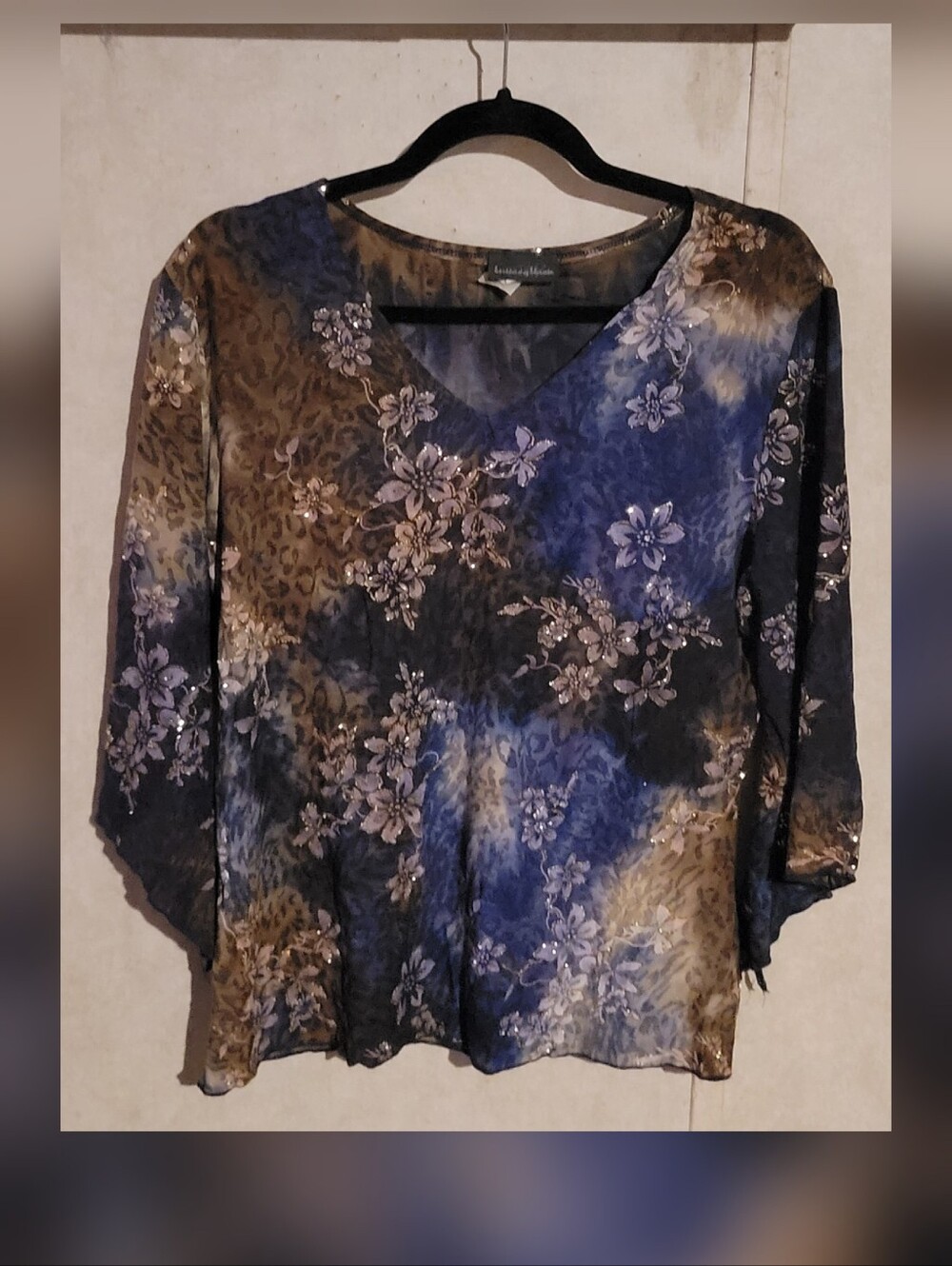 Brittany Black Floral V-Neck Blouse - Blue & Brown Large
